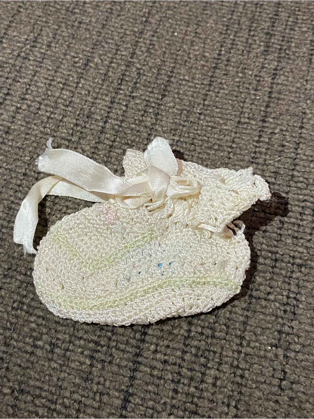 Vintage Crocheted Baby Bootie with Ribbon - Ivory